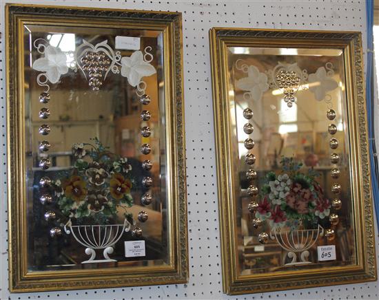 Pair floral decorated wall mirrors